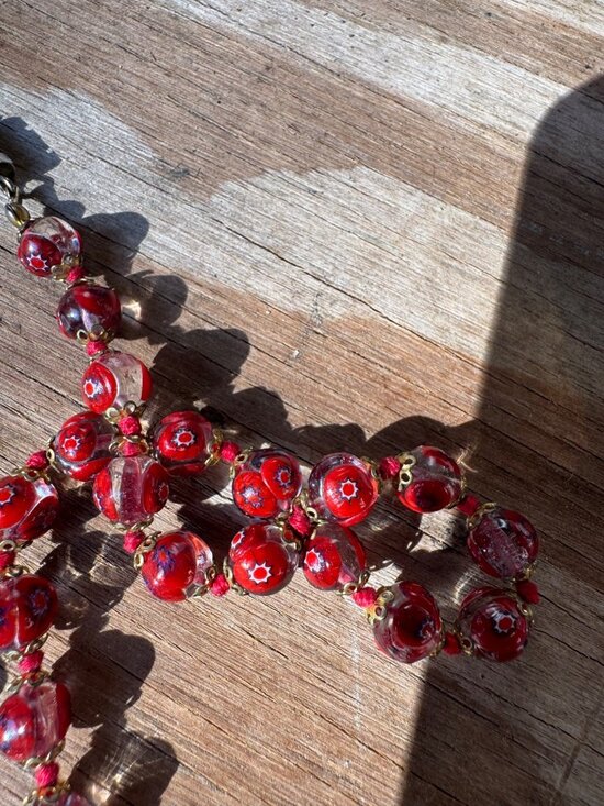 Vintage Venetian Millefiori Red Art Glass Bead Necklace 18” 10mm Barrel Clasp - Picture 6 of 6